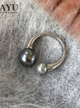 大溪地黑银灰色人工珍珠开口戒指