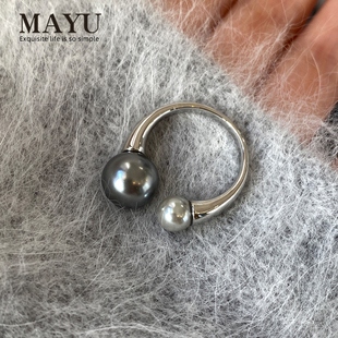 大溪地黑银灰色人工珍珠开口戒指女轻奢高级感食指戒时尚个性指环