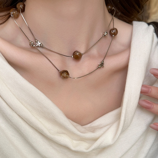 复古琥珀色项链女高级感轻奢小众双层叠戴毛衣链2025新款爆款颈链