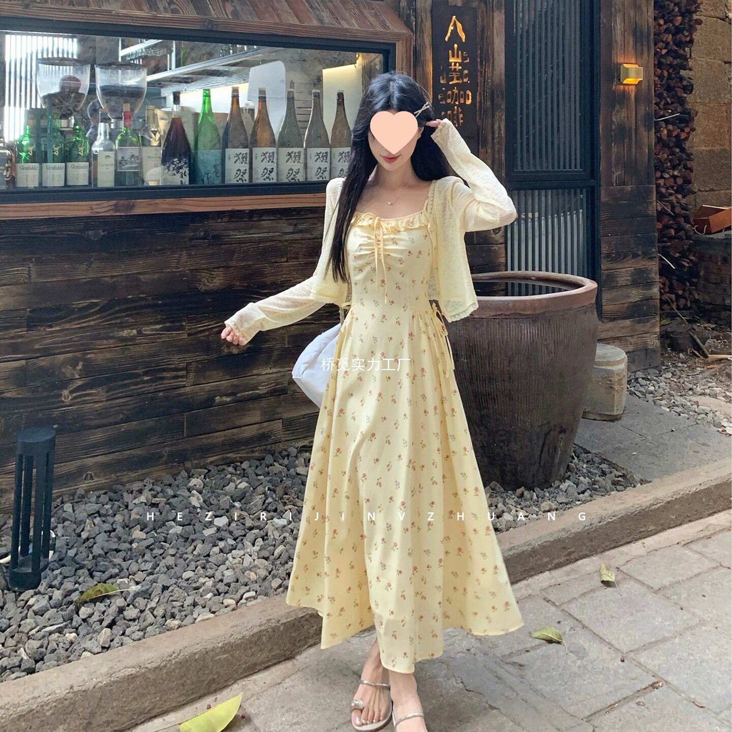夏日绝美小裙子套装黄色碎花连衣裙女吊带长裙开衫夏季穿搭一整套