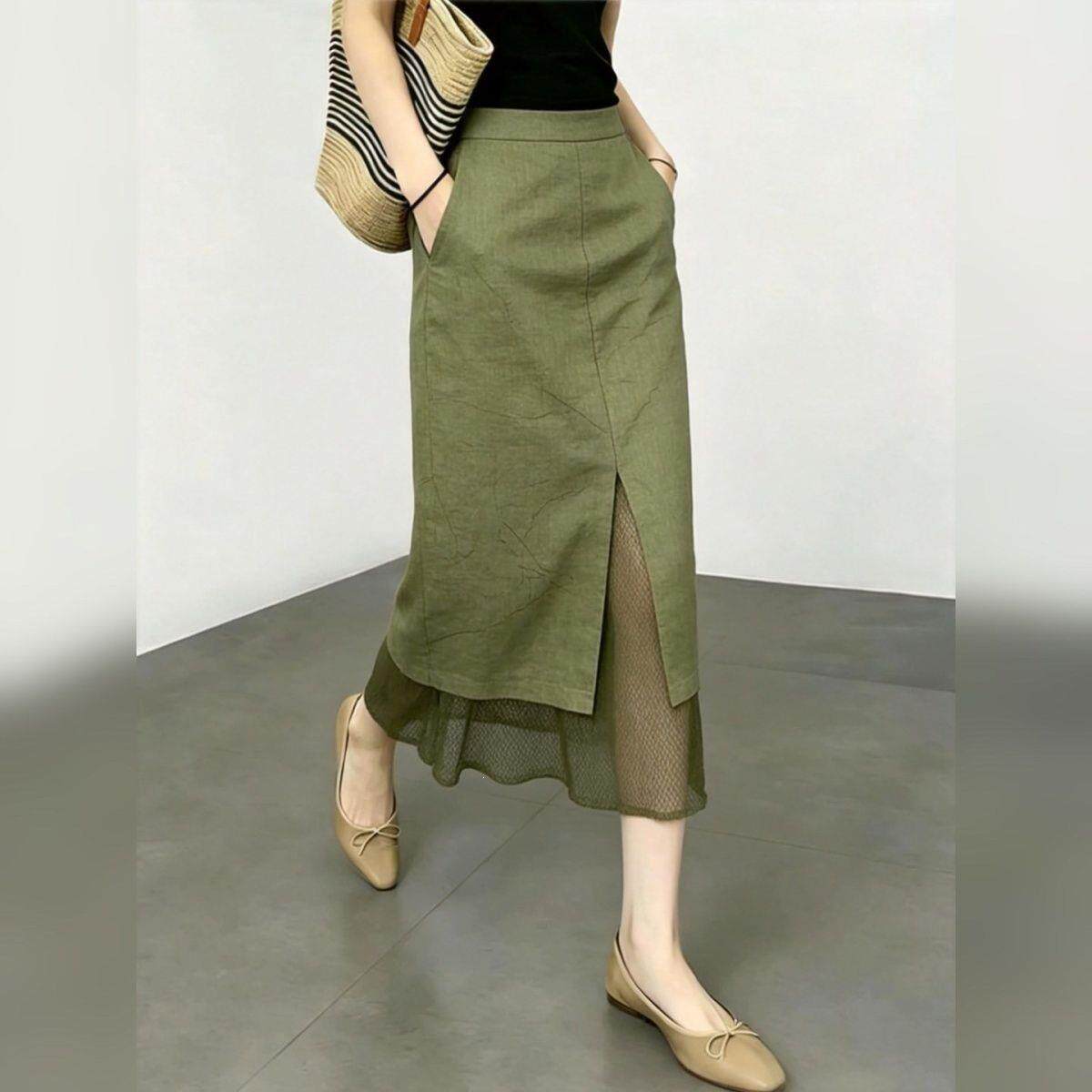 通勤风绿色开叉半身裙女