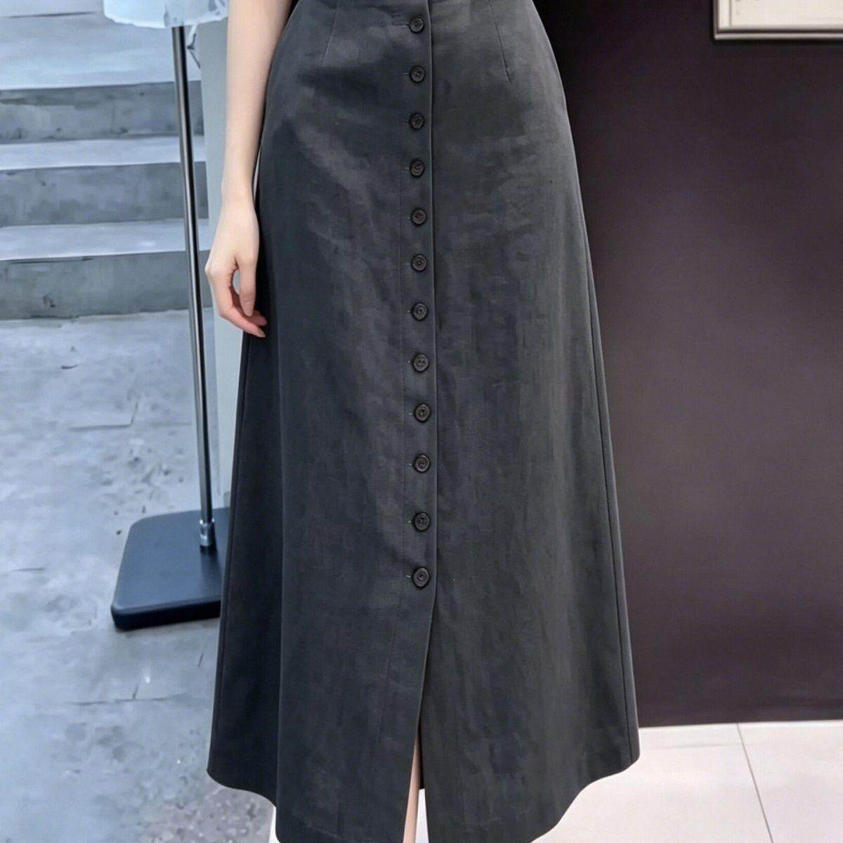 韩系深灰色排扣亚麻开叉