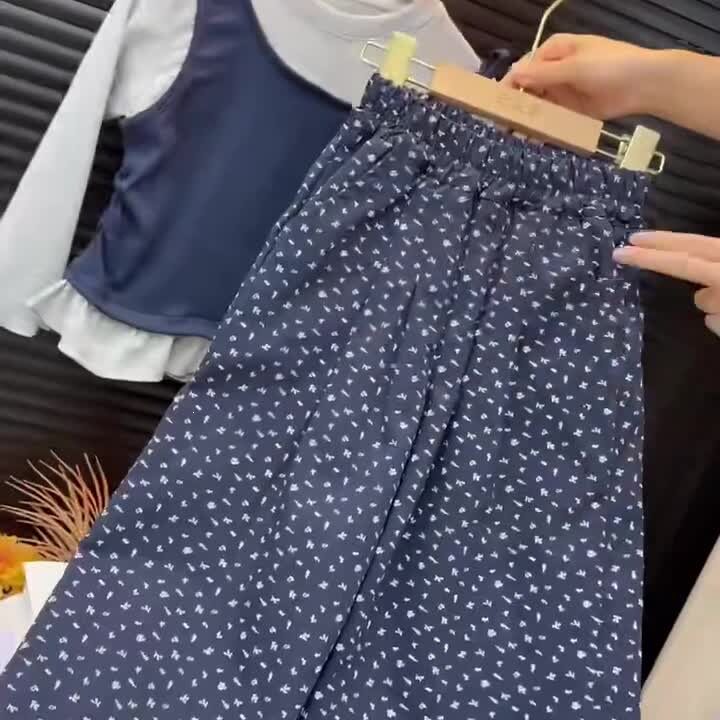 新款套装爆款两件套碎花阔腿裤2026早秋韩版假两件秋款女童有吊牌