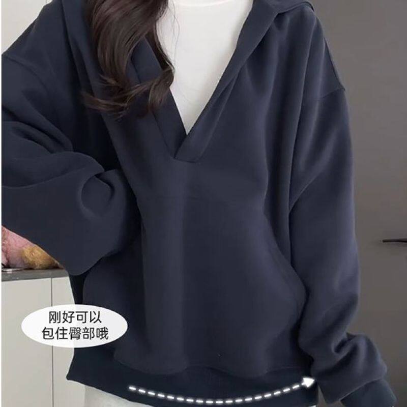 蓝色连帽卫衣外套女2026新款早秋小个子韩系穿搭V领套头宽松上衣