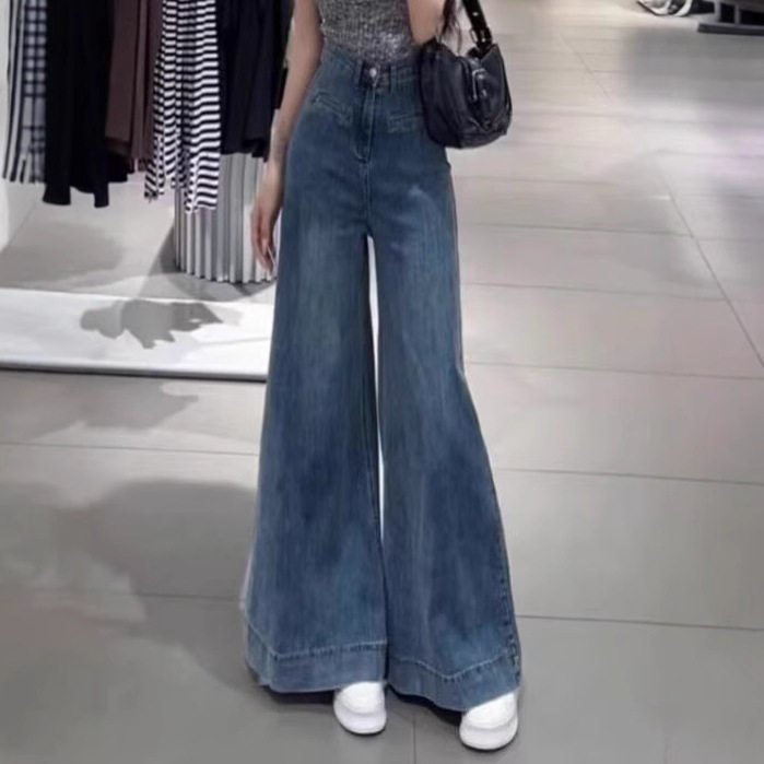 设计感设计复古大裤脚牛仔裤女2026新款休闲高腰直筒阔脚拖地长裤