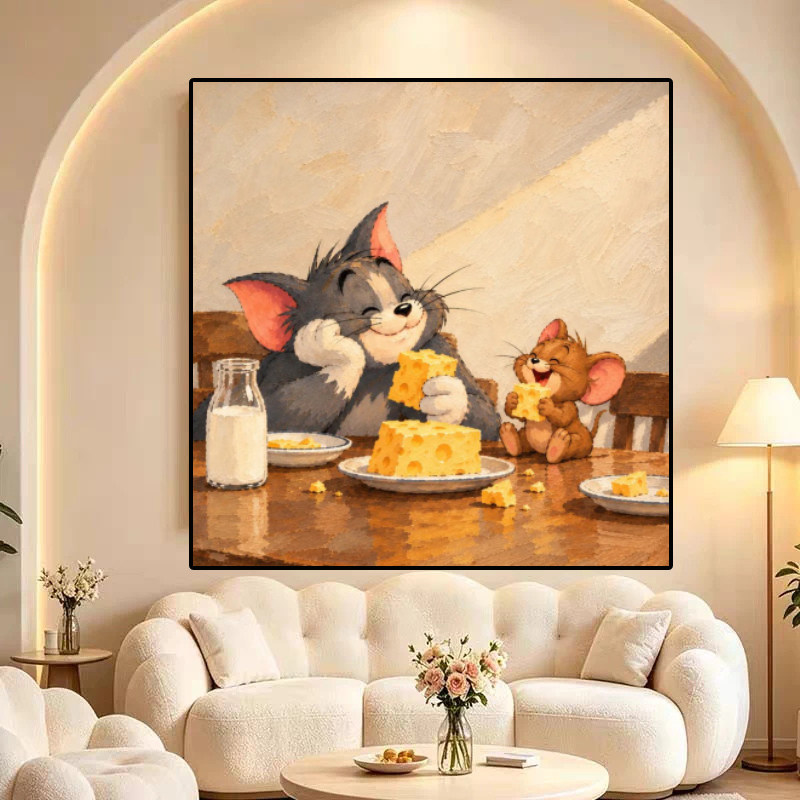 猫和老鼠现代简约餐厅装饰画汤姆和杰瑞可爱多巴胺客厅背景墙画芯