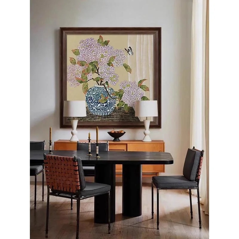 入户玄关挂画餐厅餐边柜装饰画中古风卧室壁画美式复古瓶花蝶影图片