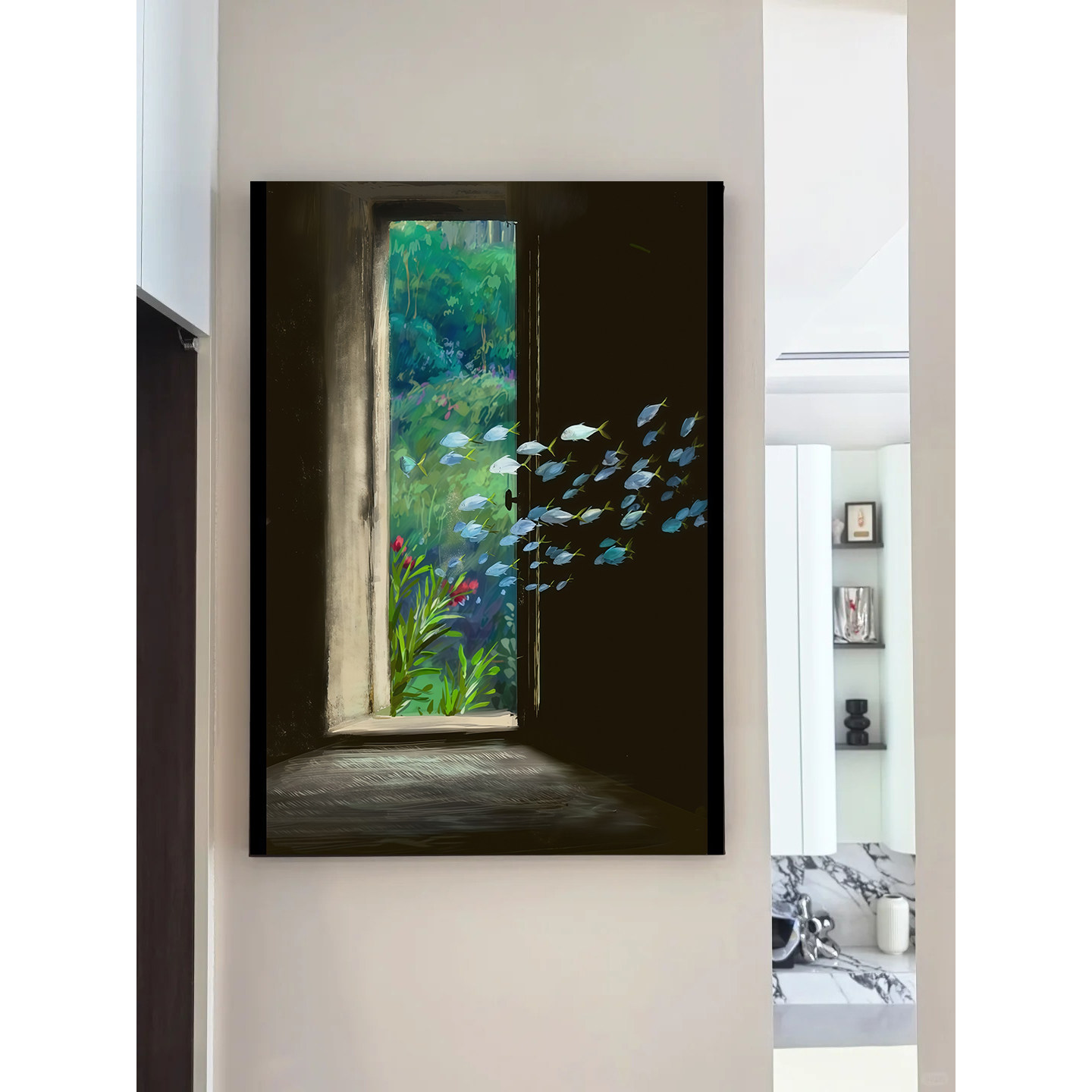 治愈系抽象艺术客厅中古风装饰画沙发背景墙挂画鱼儿玄关过道画芯