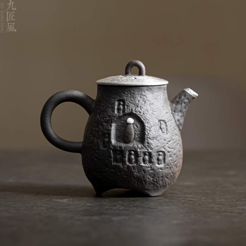 手工粗陶茶壶复古柴烧敦煌浮雕描银泡茶壶家用功夫茶具陶瓷泡茶器