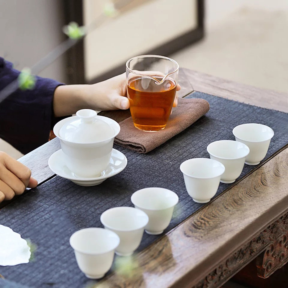 羊脂玉瓷整套功夫茶具套装三才盖碗陶瓷茶杯网红礼品茶具加印LOGO