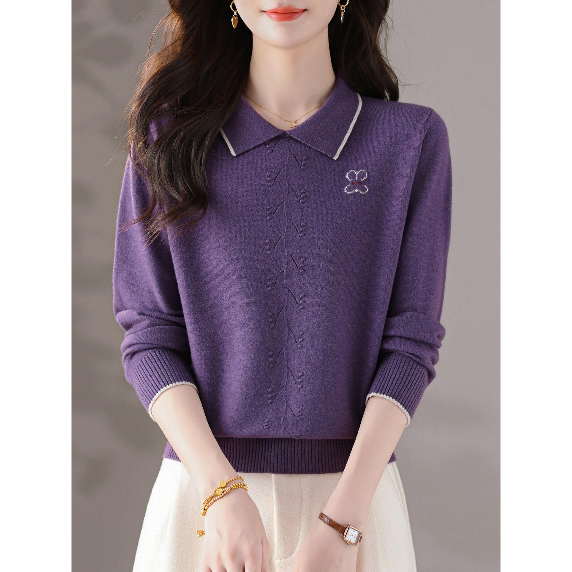 ROUMIKL娃娃领针织衫春秋长袖上衣2025早秋新款女装妈妈洋气翻领