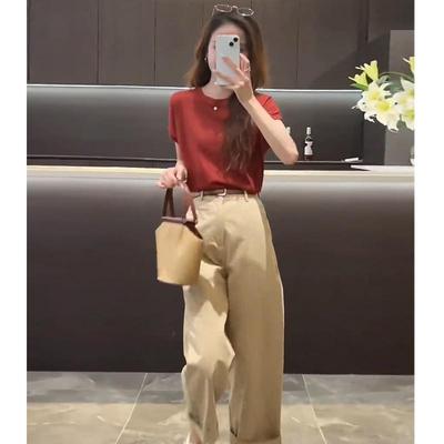 RIERA休闲洋气时髦套装夏季新款欧货时尚百搭短袖t恤九分直筒裤