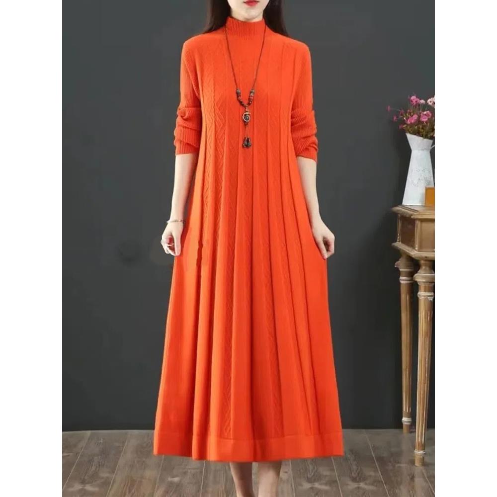 ROUMIKL秋冬半高领针织毛衣裙女2025新款中长款过膝连衣裙洋气打