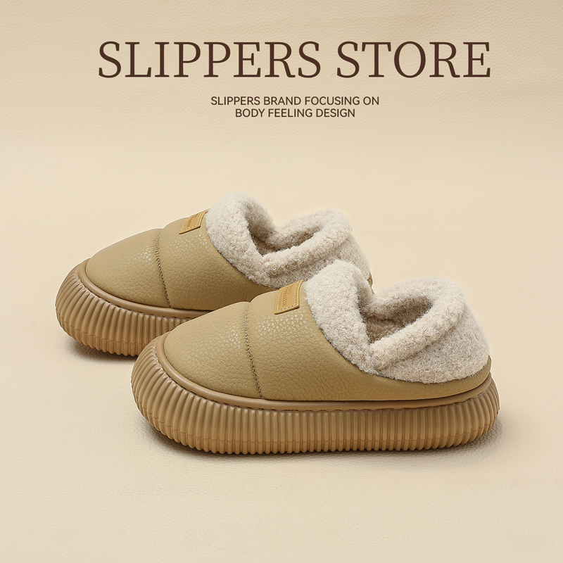 PU皮防水棉拖鞋女款冬季包跟户外