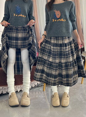 慵懒风毛呢格子裙秋冬大码胖mm遮胯显瘦a字半身裙中长款蛋糕裙