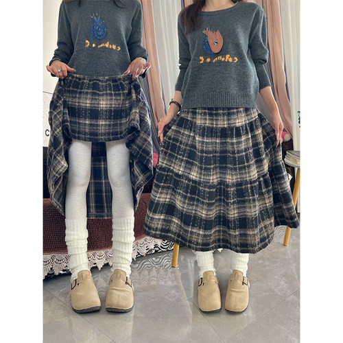 慵懒风毛呢格子裙大码胖mm