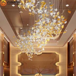 酒店大厅琉璃枫叶非标工程吊灯创意个性 别墅客厅长条枝形灯具工厂