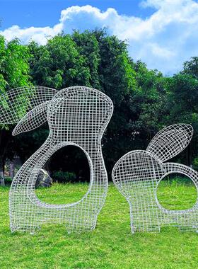 不锈钢镂空兔子雕塑户外公园林售楼部草坪铁艺装饰品发光动物摆件