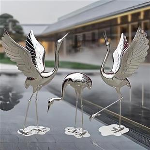 户外网红不锈钢仙鹤兔子雕塑园林景观城市广场水池酒店售楼部摆件