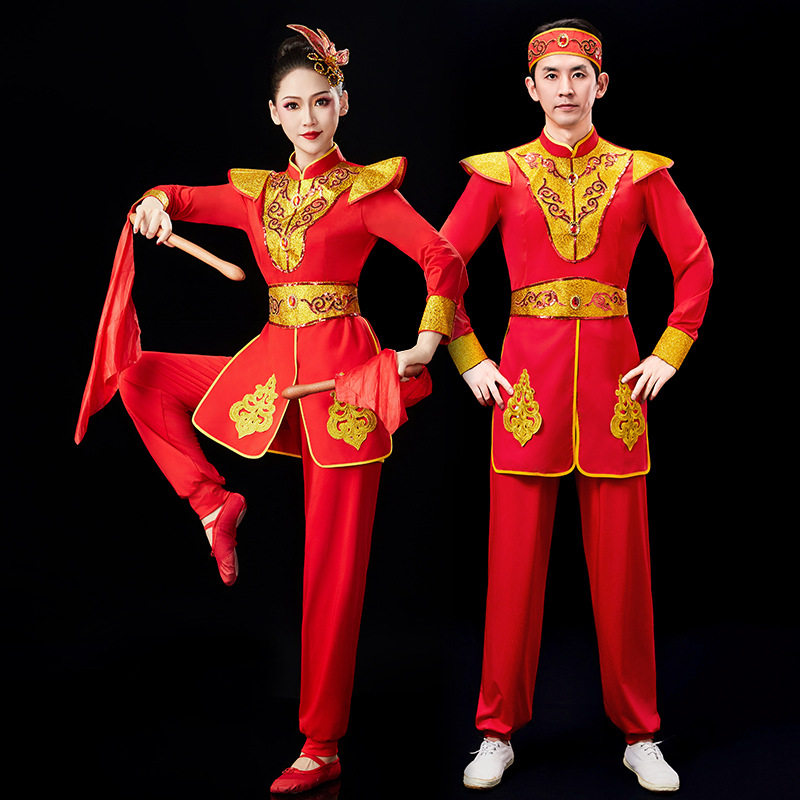 新款打鼓服演出服中国风成人腰鼓水鼓舞锣鼓队舞蹈服红色长袖喜庆