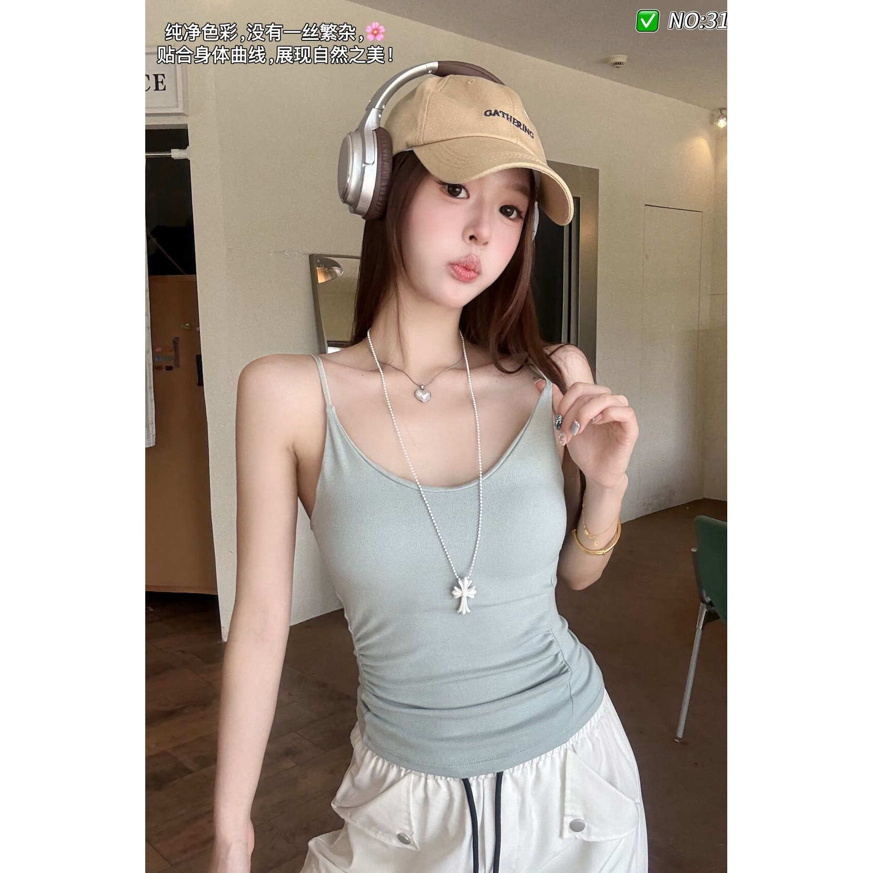 百搭褶皱设计感吊带背心女春夏季美背带胸垫免穿文胸打底无袖上衣