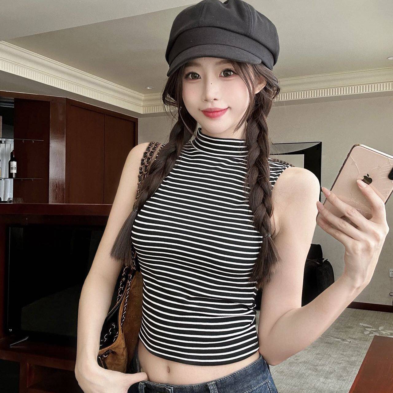 高领条纹小众美背吊带背心女外穿带胸垫弹力性感百搭打底无袖上衣