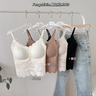 纯欲蕾丝边提花吊带背心女性感外穿带胸垫无钢圈文胸打底抹胸内衣