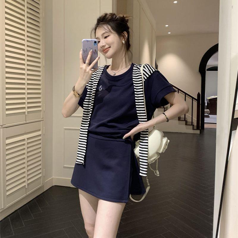 韩系夏季新款小个子高级感穿搭运动衣服女套装休闲宽松百搭三件套