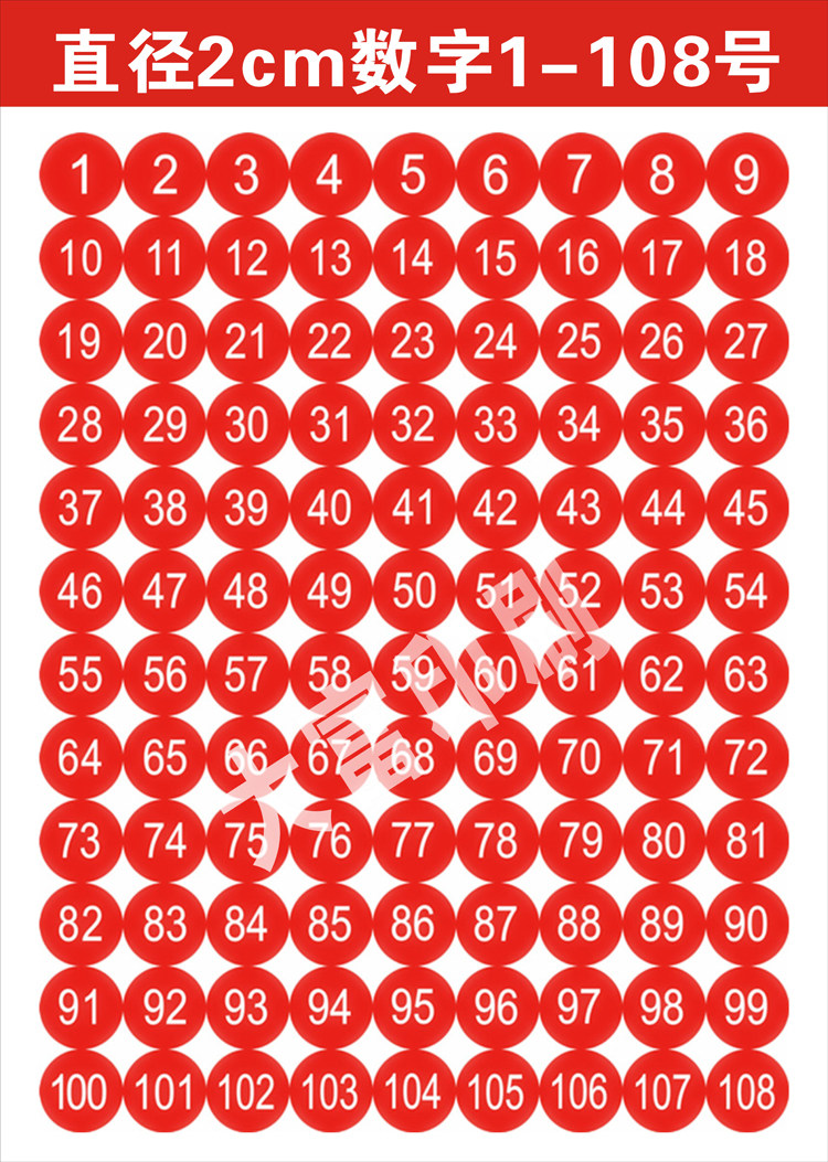 2cm直径不干胶数字贴纸1-108号彩色不干胶工号标签纸圆形号码贴纸