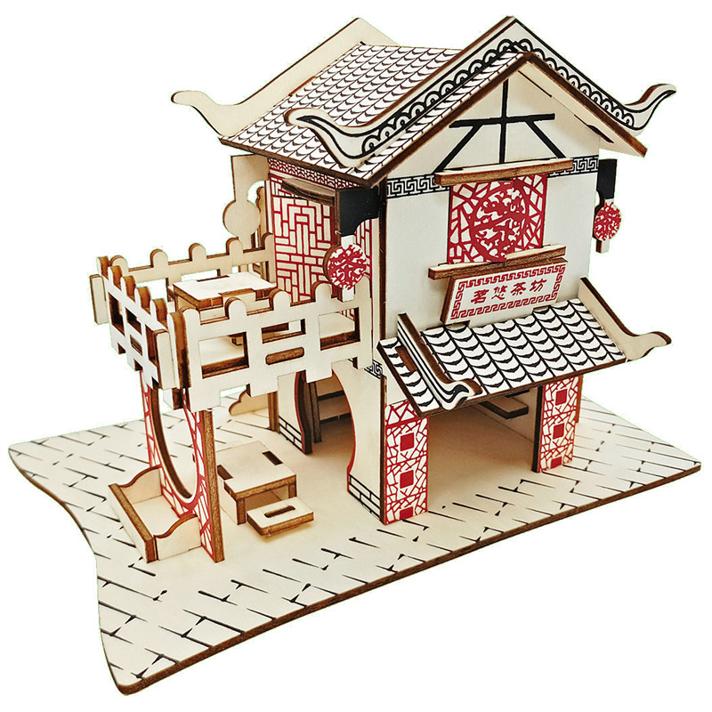茗悠茶楼激光切割3D图解立体拼图木制模型 益智玩具木质拼装房子