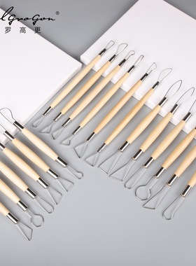 跨境6支扁丝刀不锈钢双头带钢丝木柄泥塑雕刻刀陶泥修坯工具刮刀