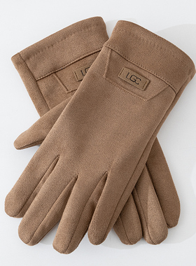 新款秋冬男士灰色弹力保暖加绒休闲全指开车骑行可触屏麂皮绒手套