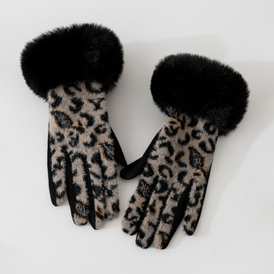 毛绒豹纹手套女冬季 保暖加绒防寒骑行开车触屏手套弹力小香风韩版