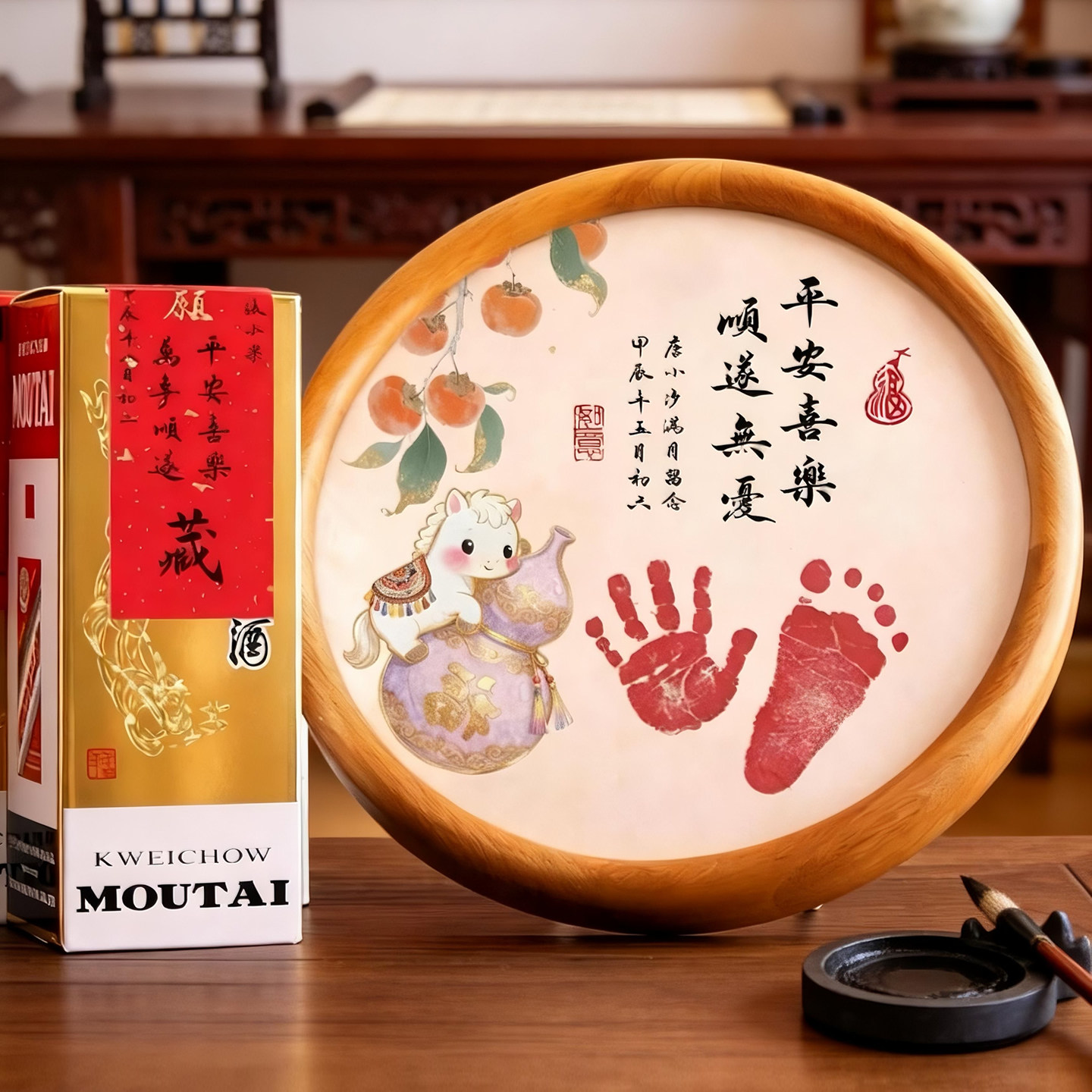 原创设计纯手写马宝宝手足印相框满月百天周岁脚印百天仪式感礼物