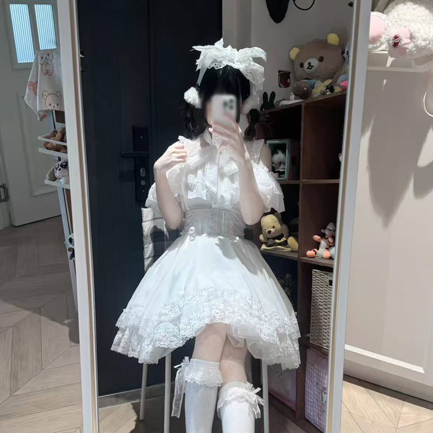 【白椿殿下】短袖中长裙蕾服露肩上衣甜美可爱衬衫半裙套装女