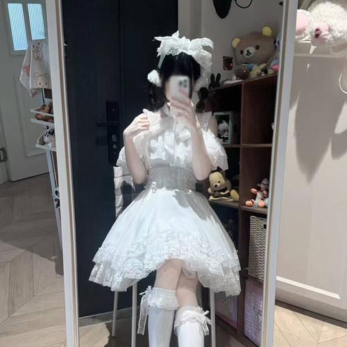 【白椿殿下】短袖中长裙蕾服露肩上衣甜美可爱衬衫半裙套装女