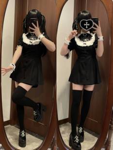 天国阶梯【四团】蕾丝黑白拼接短袖刺绣收腰量产型蕾服连衣裙