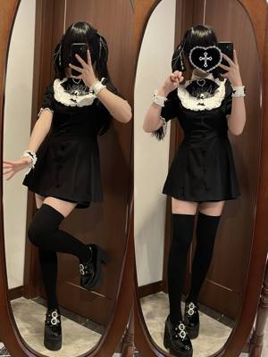 天国阶梯【四团】蕾丝黑白拼接短袖刺绣收腰量产型蕾服连衣裙