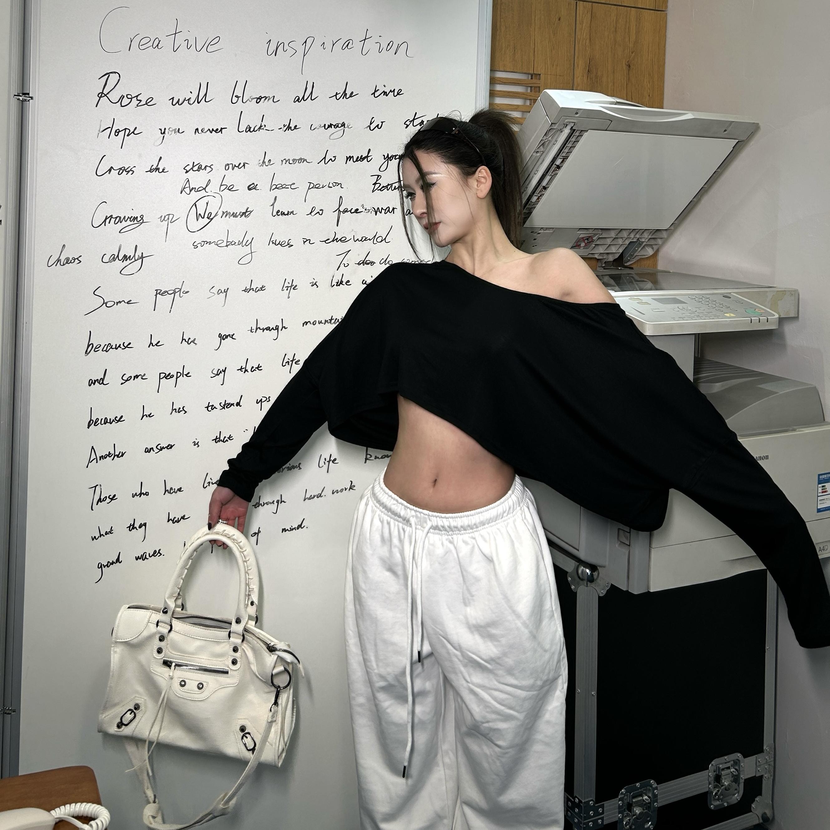 长袖欧美薄款斜肩纯棉舒适上衣