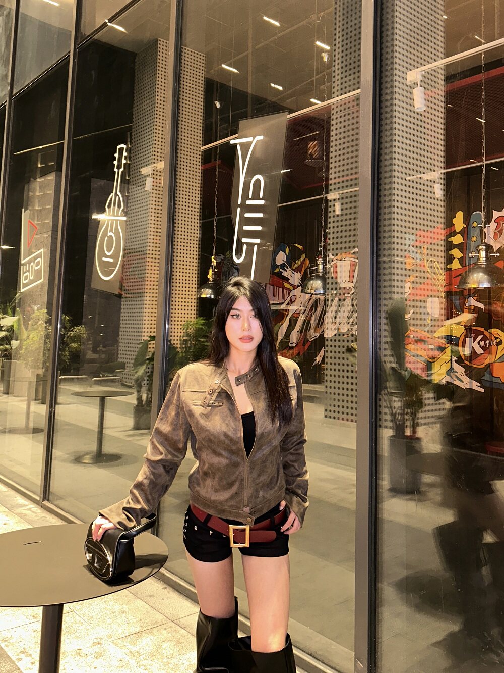 TL 复古做旧棕色麂皮绒修身立领皮衣外套ins博主短款夹克女