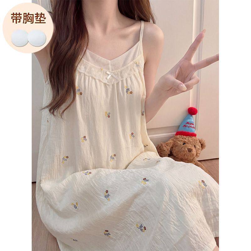 夏季云朵棉吊带带胸垫女睡裙