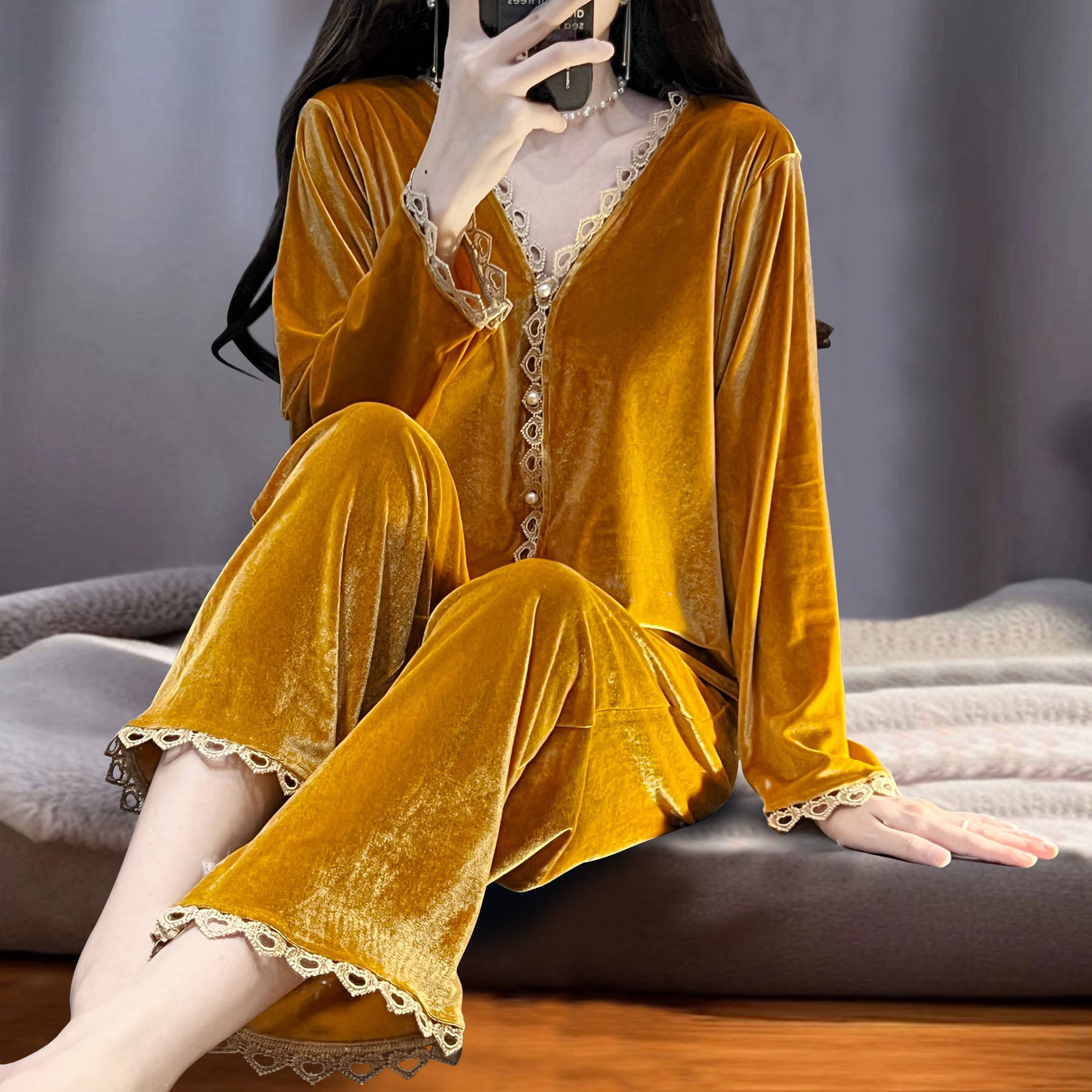 金丝绒女开衫睡衣套装秋冬大码