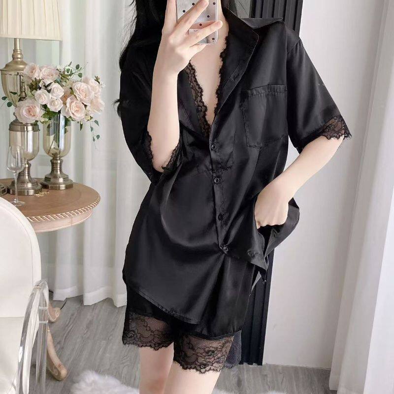 春夏冰丝蕾丝短袖睡衣套装家居服