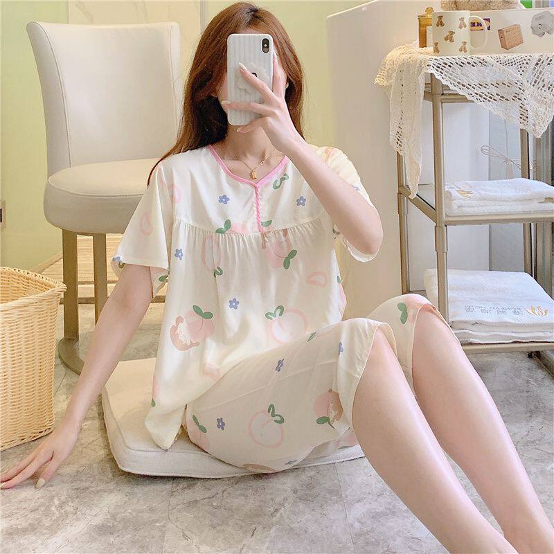 夏棉绸碎花短袖睡衣套装女家居服