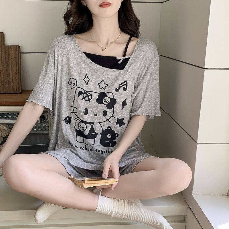 睡衣女款夏季莫代尔带胸垫假两件