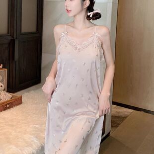 胖mm大码200斤冰丝吊带v领蕾丝边蝴蝶结印花睡裙女夏季性感家居裙