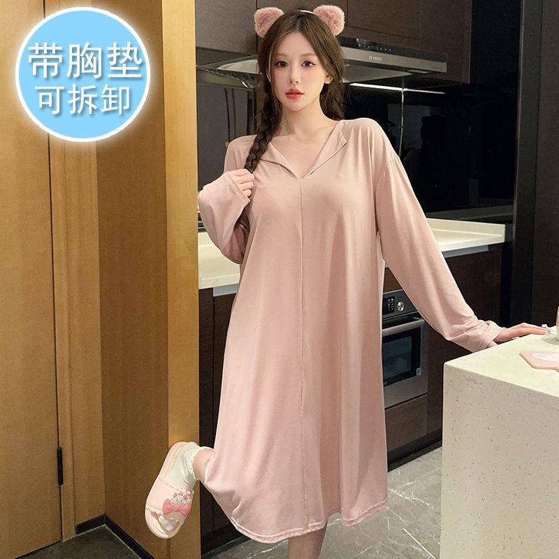 春秋新款薄款睡衣女带胸垫长袖睡裙女纯色宽松简约时尚家居服外穿,女士内衣/男士内衣/家居服,睡衣/家居服套装,淘宝优惠券,粉丝福利购,淘宝优惠卷