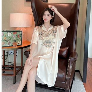 网红睡裙女夏季冰丝短袖衬衫女士睡衣高级感仿真丝绸宽松家居服