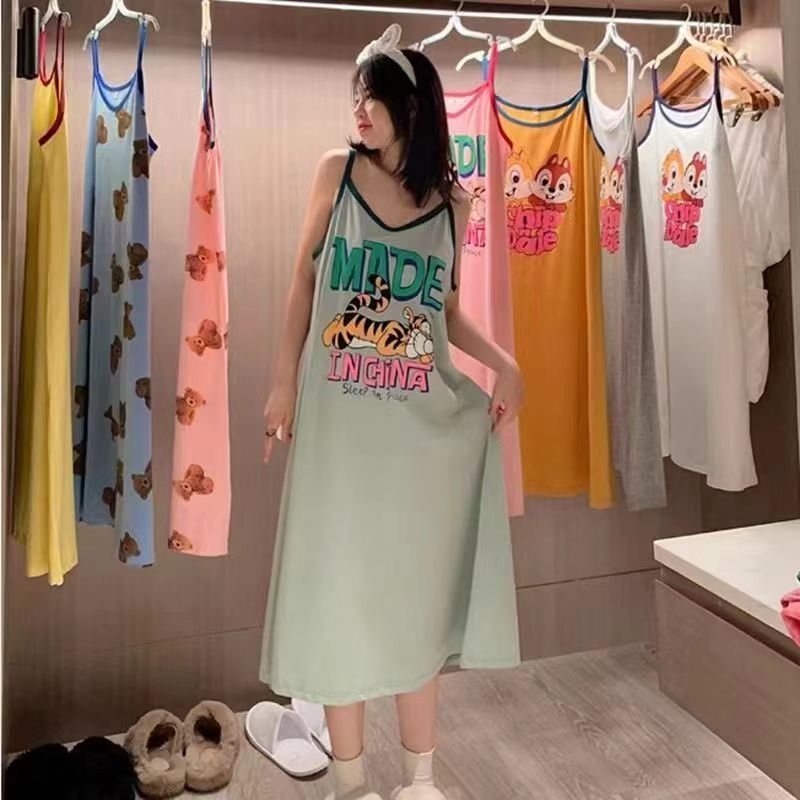 宽松可爱卡通印花吊带睡裙女夏