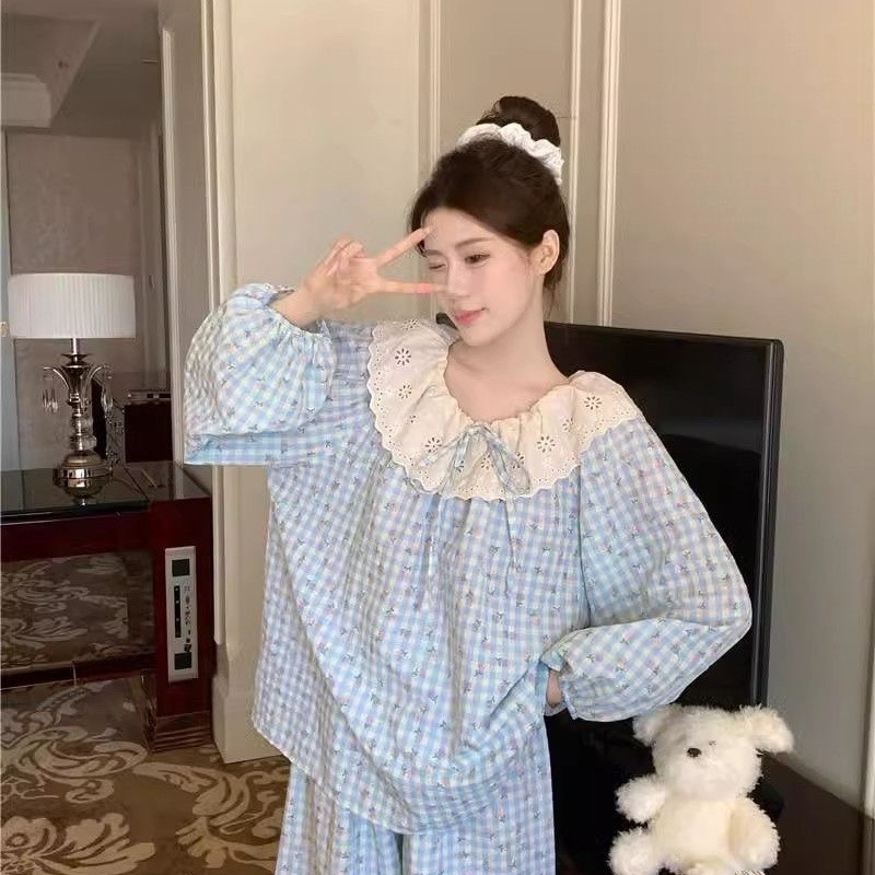 春秋日系甜美蕾丝女睡衣套装
